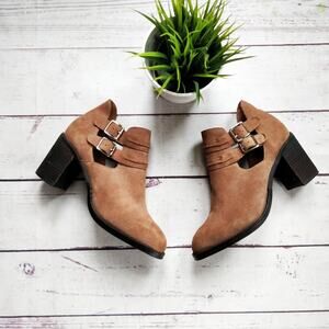 JEFFREY CAMPBELL Buckeye Cutout Buckle Ankle Booties Brown Suede 9.5
